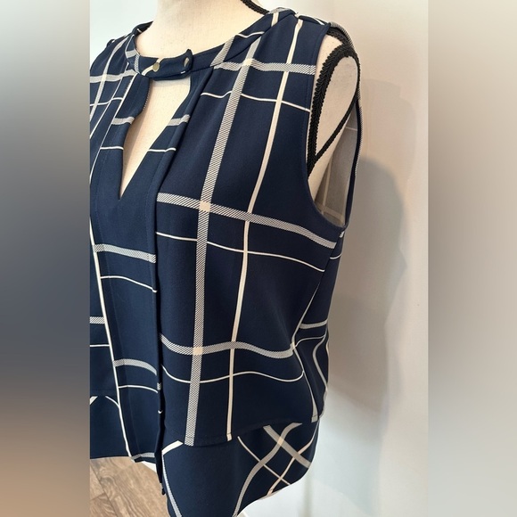 Zara Basic Navy  Blue Work Wear Blouse Top Snap Neck Collar Large Stripes - Picture 4 of 6